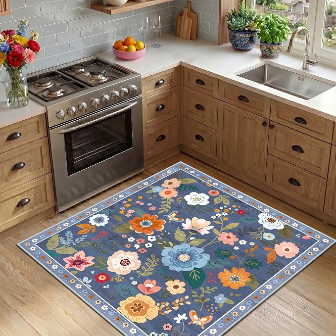 RELEANY Floral Washable Square 4ft Area Rug Blue/Grey | Flower Carpet Print - Image 8
