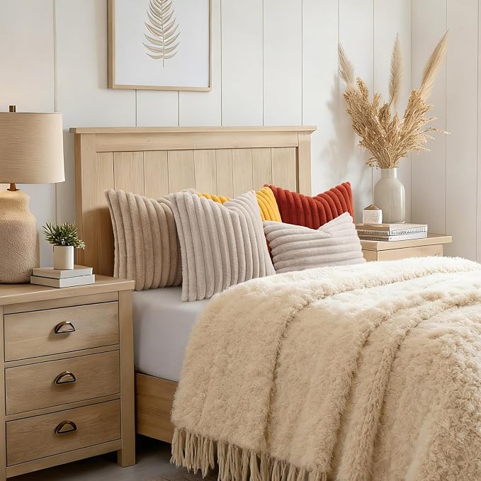 decorUhome Fall Faux Fur Throw Pillow Covers 22x22 Set of 2 Khaki Brown | - Image 8