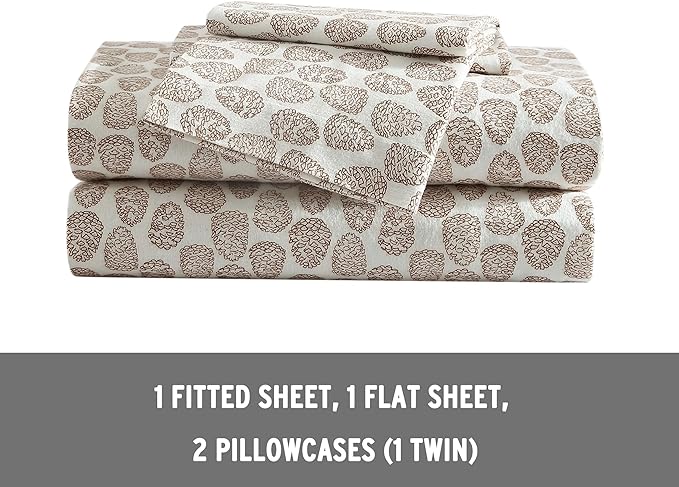 Eddie Bauer - Twin Sheets, Cotton Flannel Bedding Set, Brushed For Extra Softness, Cozy Home Decor (Little Creek Pine Cone Beige, Twin)