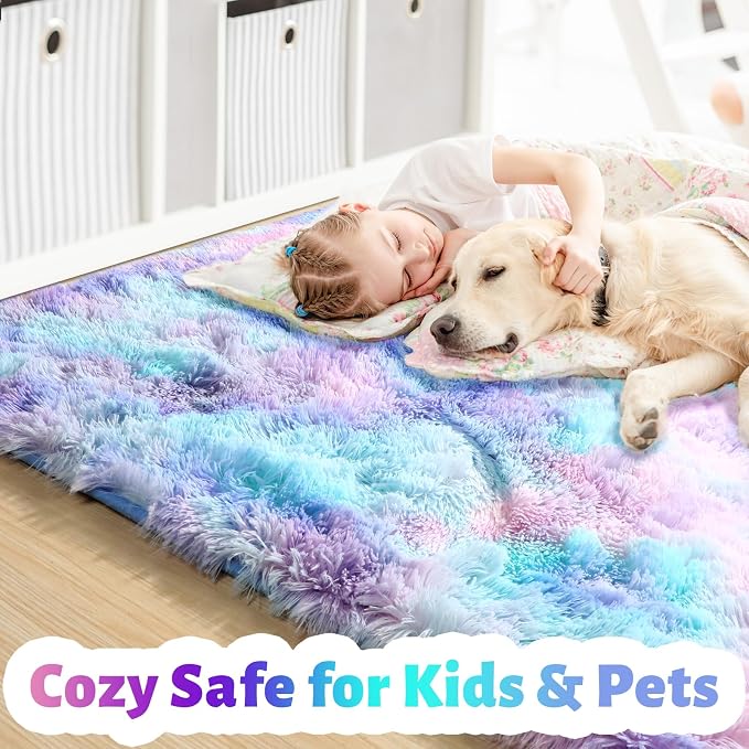 Amdrebio Purple Rainbow Mermaid Large Fuzzy Kids Rug 8x10 - Image 2