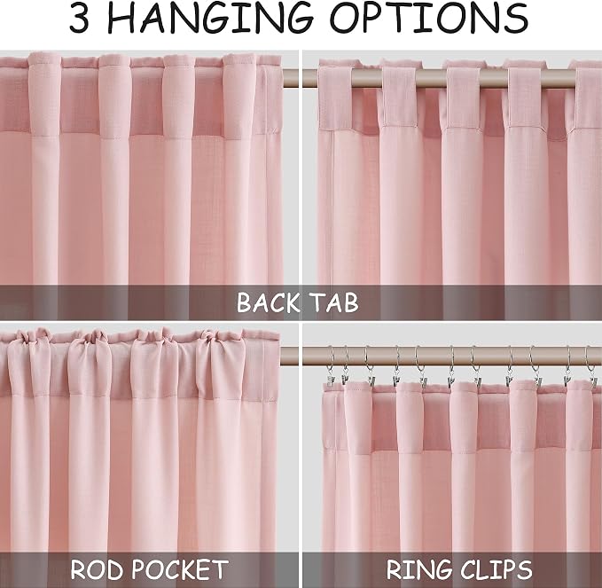 Pink Linen Curtains 102 Inches Long Rod Pocket Back Tab Drapes 2 Panels Set - Image 2