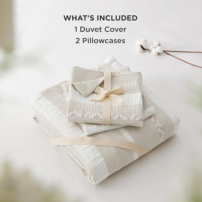 Bedsure Waffle Weave Duvet Cover King - 100% Cotton Boho Duvet Cover with 2 Pillowcases - Linen Color Textured Comforter Cover with Zipper Closure (King, 104"x90")