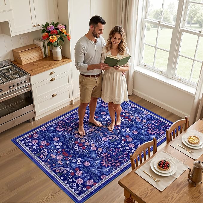 PLHXFR Area Rug Living Room: 3x5 Floral Washable Boho Soft Carpet Blue | - Image 3