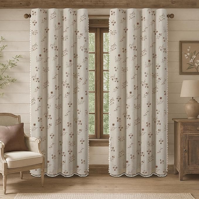 Boho Floral 100% Blackout Curtains 84 Inch 2 Panels Brown | Farmhouse Vintage - Image 2