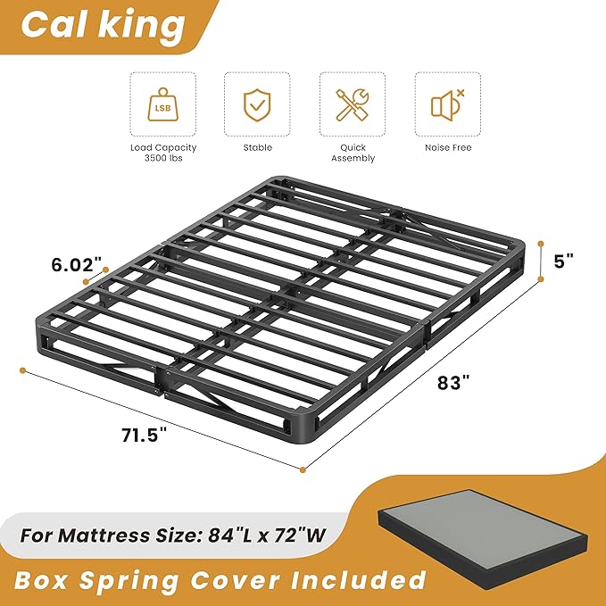 MAF 5 Inch Cal King Size King Box Spring, Low Profile Box Spring Cal King 3500 lbs Black Heavy Duty Metal Mattress Foundation with BoxSpring Cover, No Squeaky, Easy Assembly