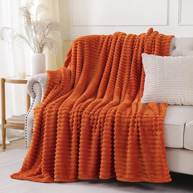 Orange Throw Blanket for Couch Sofa 60x80 inches Striped Design | Fleece - Image 2