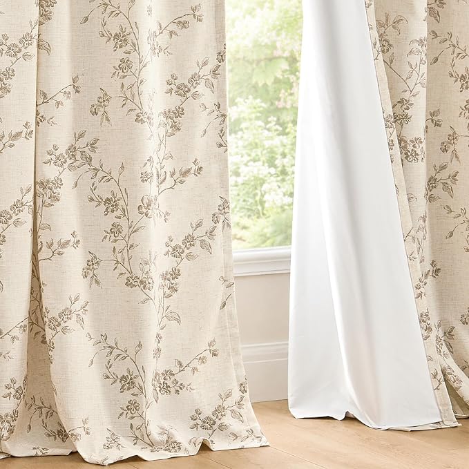 Blackout Vintage Floral Linen Curtains Taupe on Beige 50×90 2 Panels | Elisa - Image 9