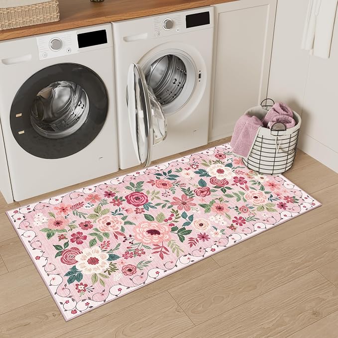 DUKINO 2x4 Entryway Rug, Floral Washable Kitchen Rugs Non Slip, Soft Indoor - Image 6