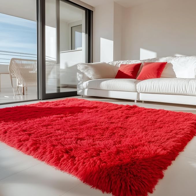 Soft Modern Red Area Rug, 4x6 Feet, Shaggy Indoor Rug - Image 4
