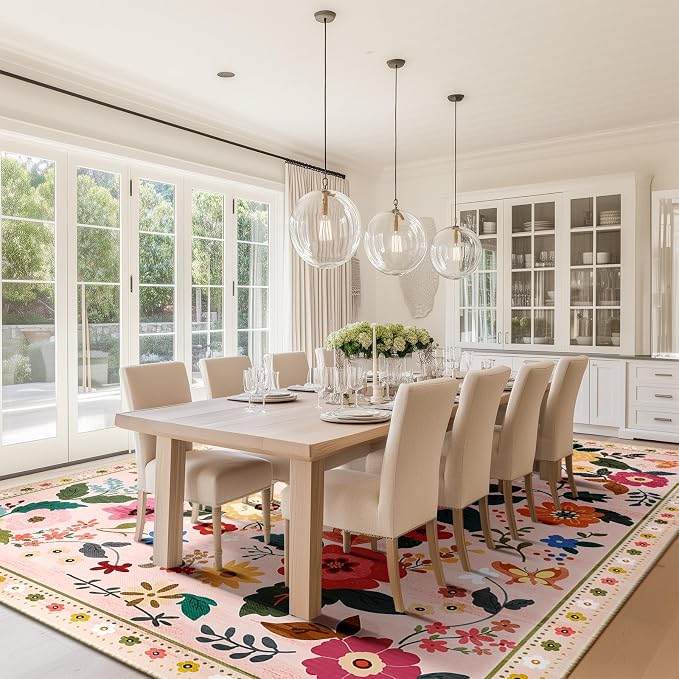 RELEANY Floral Washable 9x12 Area Rugs Pink | Flower Carpet Print Boho Cute Non - Image 9
