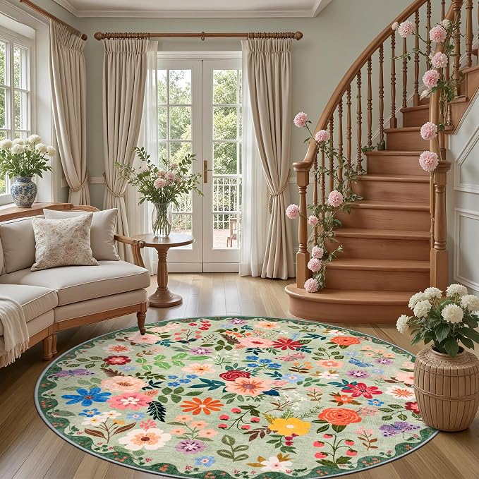 PLHXFR Round Area Rug Living Room: 6 ft Floral Washable Soft Carpet Green | - Image 2