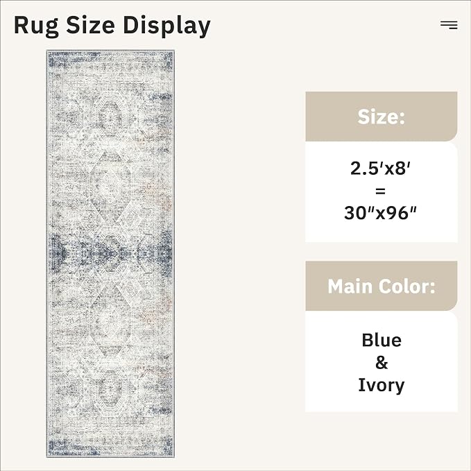 Soalmost Washable Runner Rug 2'6"x8' Kitchen Hallway Runners Blue/Ivory | Soft - Image 5