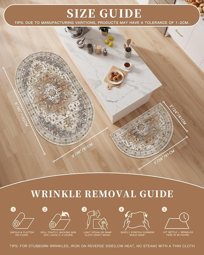 Madane Washable Oval Rug 3x5 for Entryway Small Area Rugs, Turmeric/Grey | - Image 5
