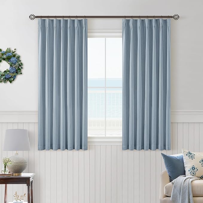 Dusty Blue Pinch Pleat 100% Blackout Linen Curtains 2 Layers 45 Inch Long | - Image 7