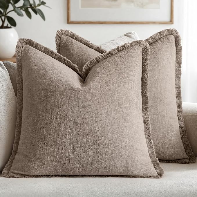 MIULEE Linen Fringe Decorative Fall Euro Throw Pillow Covers Dune 26x26 | Set by MIULEE
