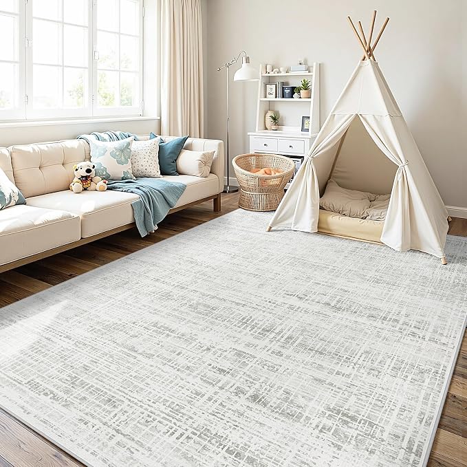 5x8 Washable Area Rug for Living Room Bedroom: Non-Slip Modern White Gray | - Image 9