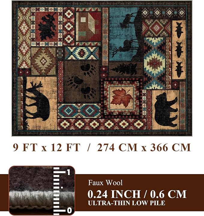 Rustic Cabin Rugs for Living Room 9x12, Wildlife Bear & Deer Area Rug, Washable - Image 2