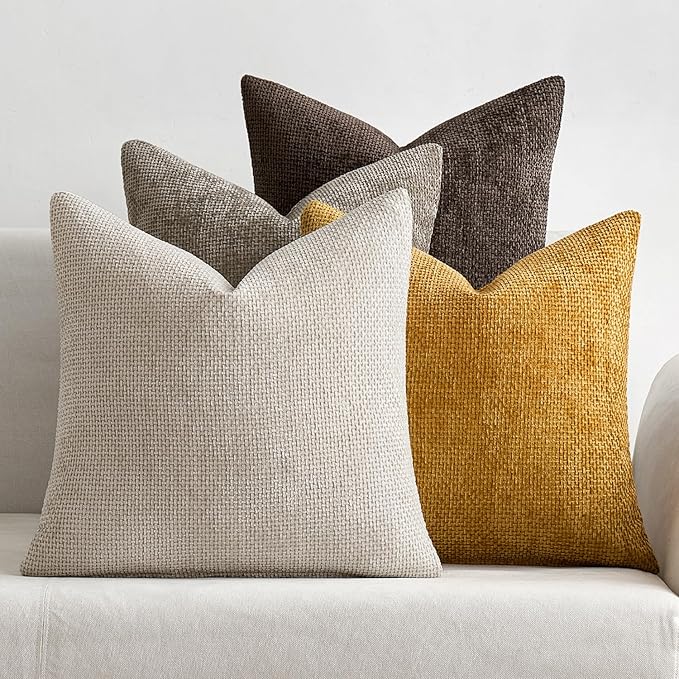 MIULEE Decorative Chenille Fall Pillow Covers Gold Brown 18x18 Pack of 4 | by MIULEE