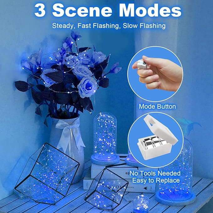 30 Pack Fairy Lights Battery Operated - 3 Speed Modes, 7Ft 20 LED String Twinkle Lights, Waterproof Copper Wire, Mini Firefly Light for Mason Jars Vases Christmas Decor, Blue