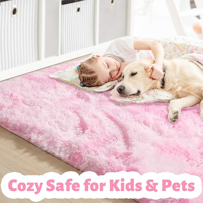 Amdrebio Pink White Fluffy Kawaii Area Rug 4x6 - Image 2
