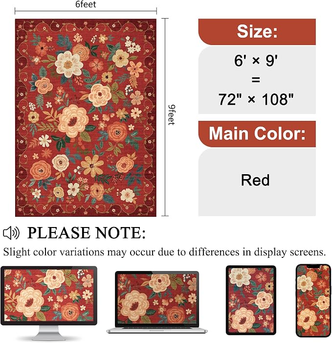 DUKINO 6x9 Area Rugs, Floral Washable Rug - Image 2