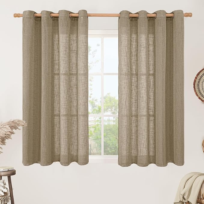 Taupe Linen Sheer Curtains 54 Inches Long, Light Filtering Panels Bronze by LAMIT