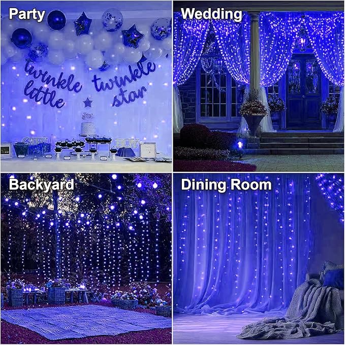 HXWEIYE 300LED Fairy Curtain Lights, 9.8x9.8Ft USB Plug-in 8 Modes Christmas String Hanging Lights with Remote for Bedroom Backdrop Wedding Party Indoor Wall Decor, Blue, Standard