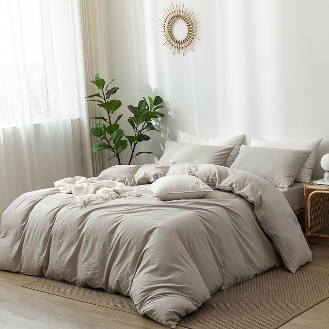 MooMee Bedding Duvet Cover Set 100% Washed Cotton Linen Like Textured Breathable Durable Soft Comfy (Heathered Cream Grey, Cal King 104"x98")
