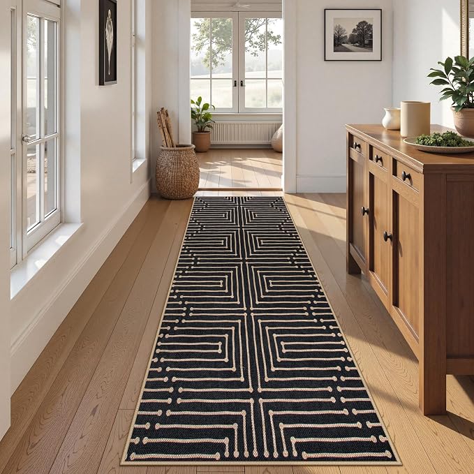 Lahome Maze Lines Washable Kitchen Runner Rug, 2x8 Black Outdoor Runner Rug | - Image 2