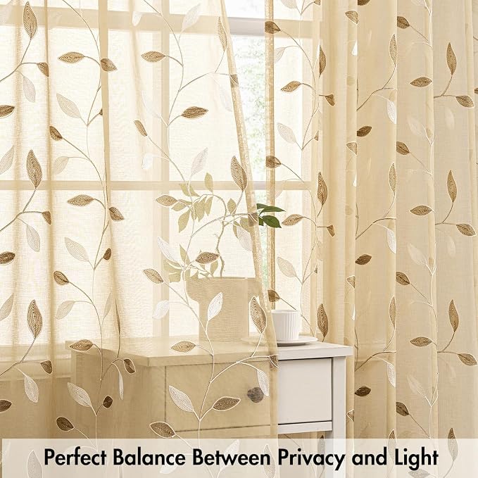 MIULEE Khaki Sheer Curtains 2 Panels Embroidered Leaf Patterned, W52 x L63 | - Image 5