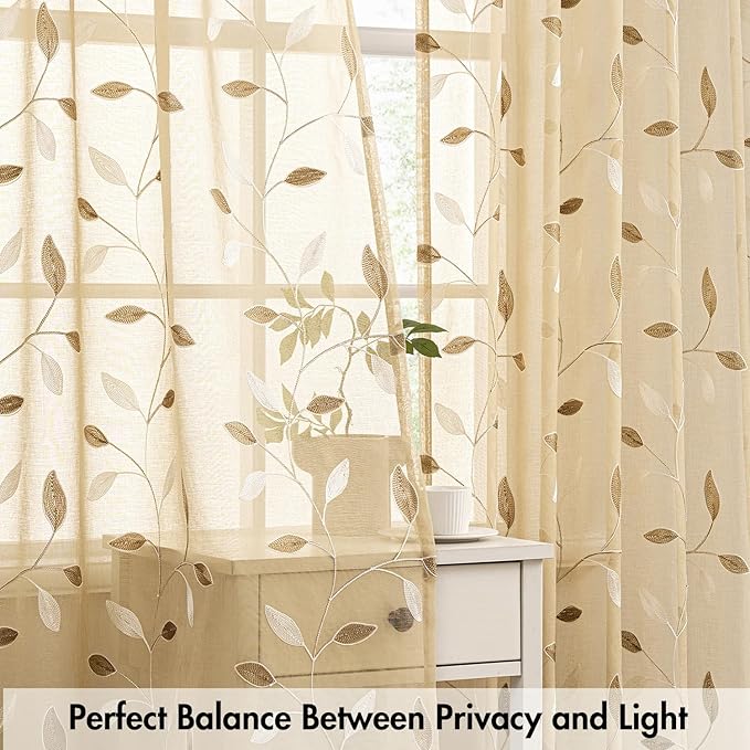 MIULEE Khaki Sheer Curtains 2 Panels Embroidered Leaf Patterned, W52 x L84 | - Image 5