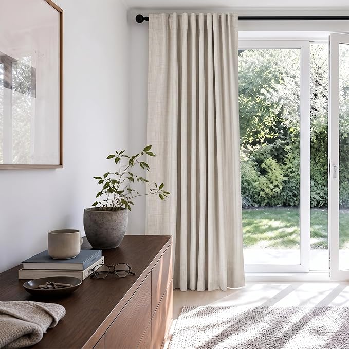 Linen Textured Total Blackout Sliding Door Curtains 96 Inches Long, Cream | - Image 6