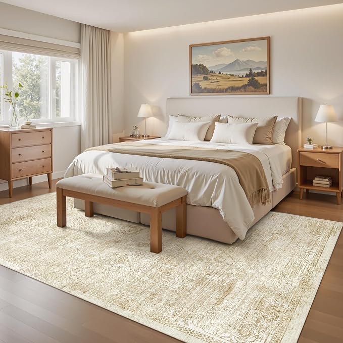 Soalmost 5x7 Area Rugs Beige/Ivory Washable Trendy Faded Style Floral Rugs | - Image 9