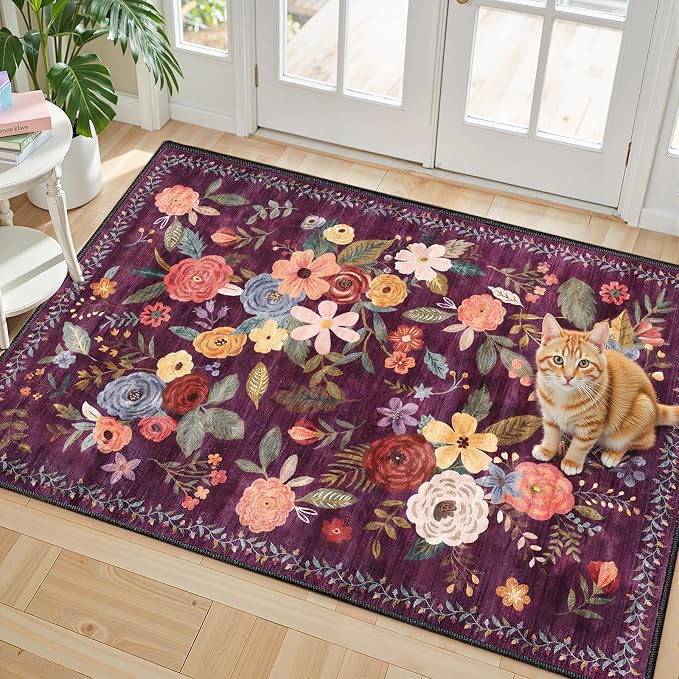 Floral Rug for Entryway, 2x3 Washable Kitchen Mat | Ultra-Thin Soft, Non-Slip by WelcometoBabovid