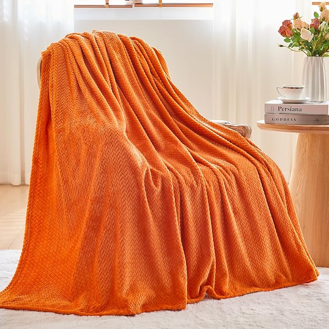 NEWCOSPLAY Super Soft Queen Blanket Orange Premium Silky Flannel Fleece Leaves Pattern Lightweight Bed Blanket All Season Use (Orange, Queen(90"x90"))