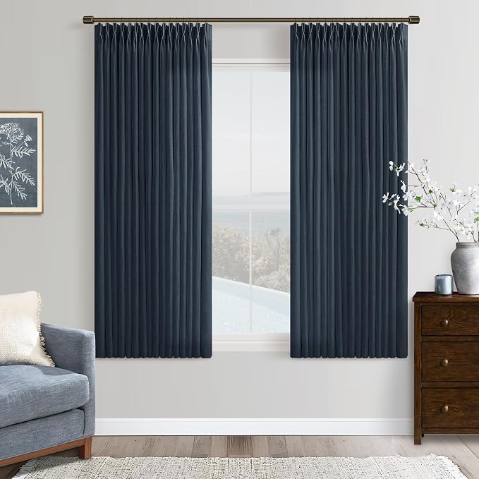 Navy Blue Pinch Pleated Linen Semi Sheer Curtains 63 Inches Long | Navy Linen by Twodrapes