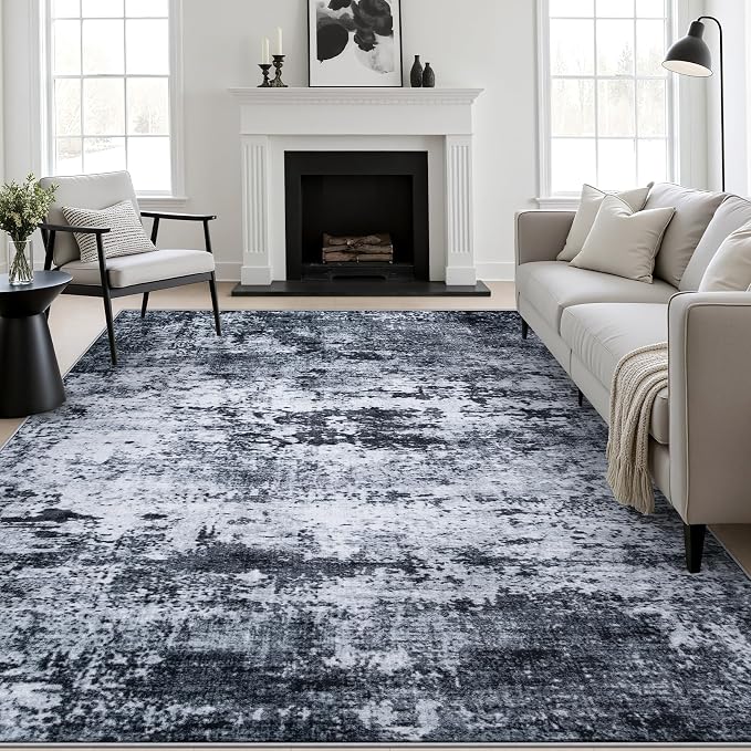 8x10 Area Rug Living Room: Modern Washable Indoor Carpet Black | by FXRHLP