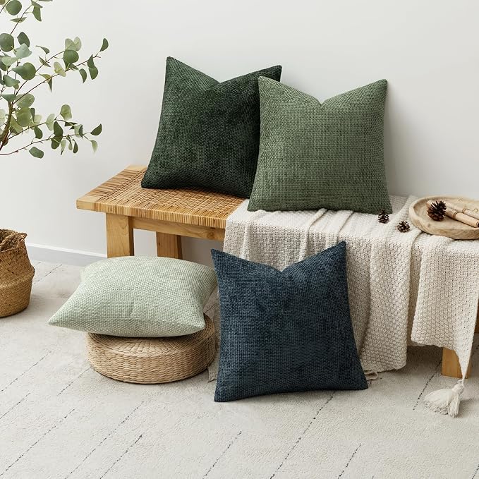 MIULEE Soft Decorative Chenille Pillow Covers Green Navy 18x18 Pack of 4 | - Image 4
