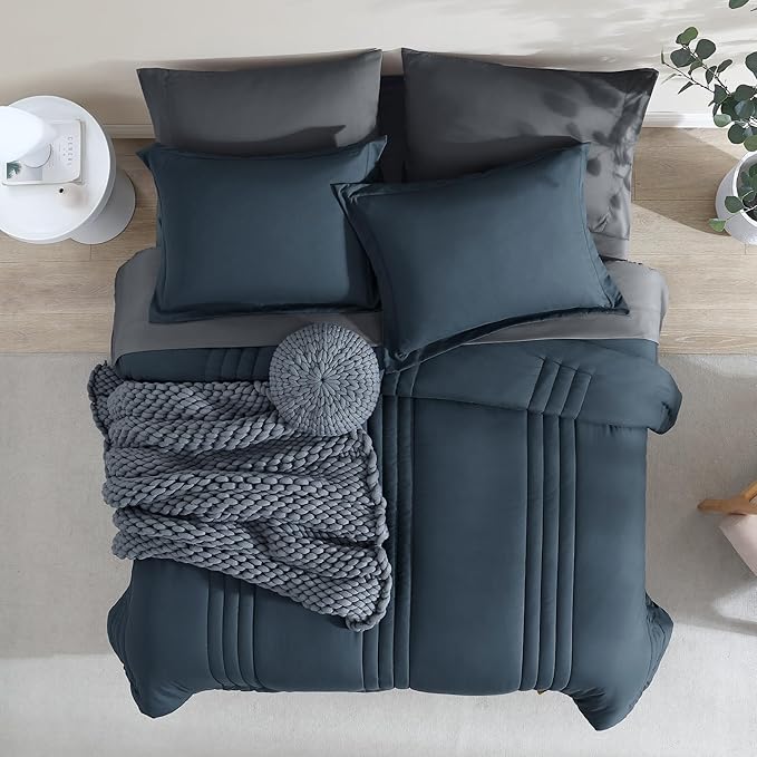 Monbix California King Size Comforter Set - 7 Pieces Bed in a Bag Cal King, Blue Grey Bedding Sets with Comforter, All Seasons Down Alternative Comforter Bed Set with Sheets, Pillowcases & Shams