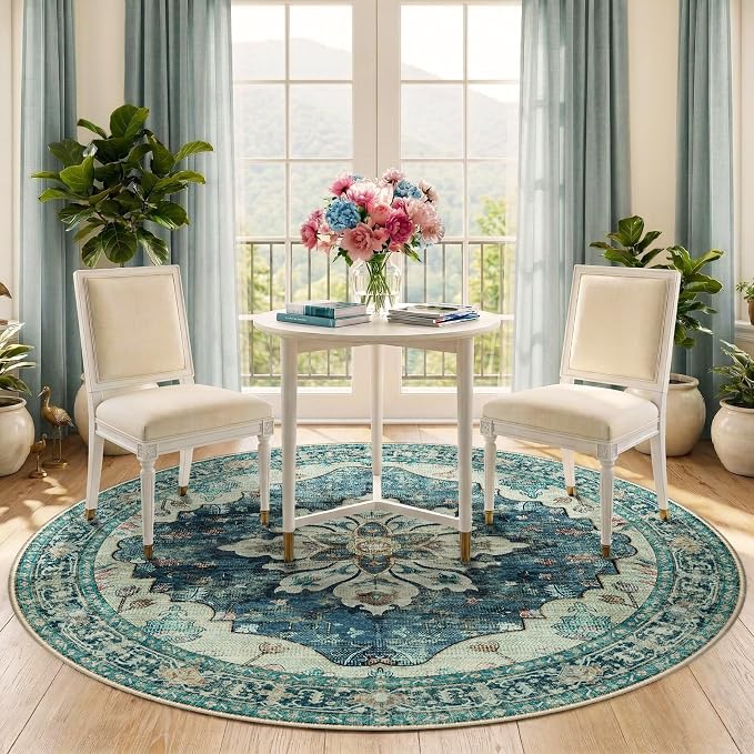 RELEANY Washable Area Rug, Round 6ft, Water Repellent, Pet Friendly, Vintage - Image 2