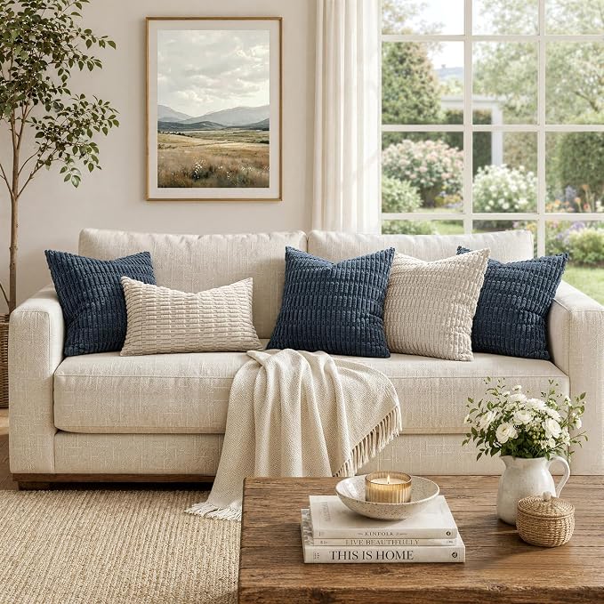 MIULEE Corduroy Decorative Throw Pillow Covers 18x18 Blue Pack of 2 | Soft Boho - Image 3