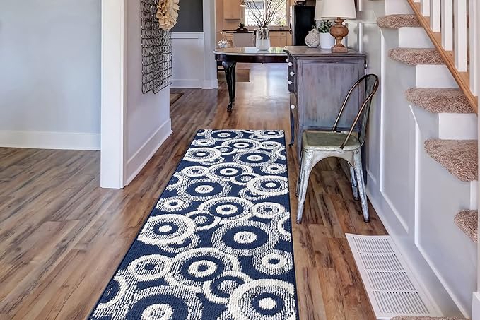 Custom Length Cut to Size Retro Modern Coastal Carpet Runner Rug for Hallways, Non Slip Rubber Backed, 31 inch Wide X Customized Length, Geo Blue, 31 inch X 13 feet