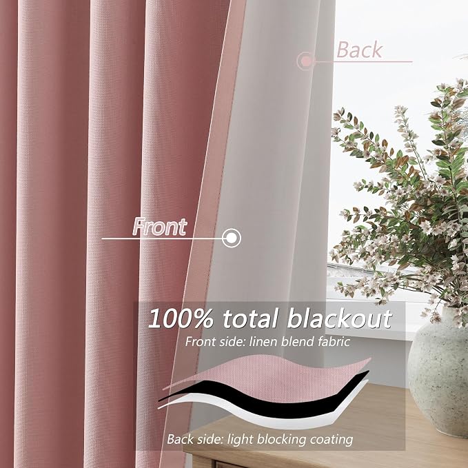 Pink 100% Blackout Linen Curtains 108 Inch 2 Panels Set - Image 4