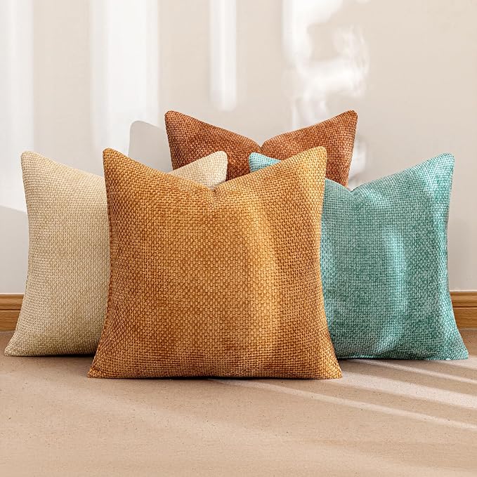 MIULEE Soft Decorative Chenille Fall Pillow Covers Beige Orange Teal 18x18 | - Image 2