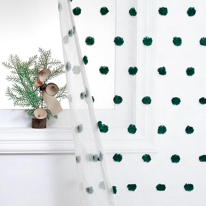 MYSKY HOME Kitchen Curtains 54 Inches Long Small Window Curtains for Christmas Hunter Green Pom Pom Curtains for Cafe Bedroom Nursery Boys Room Rod Pocket 2 Pieces Drapes 52 x 54 inch Length