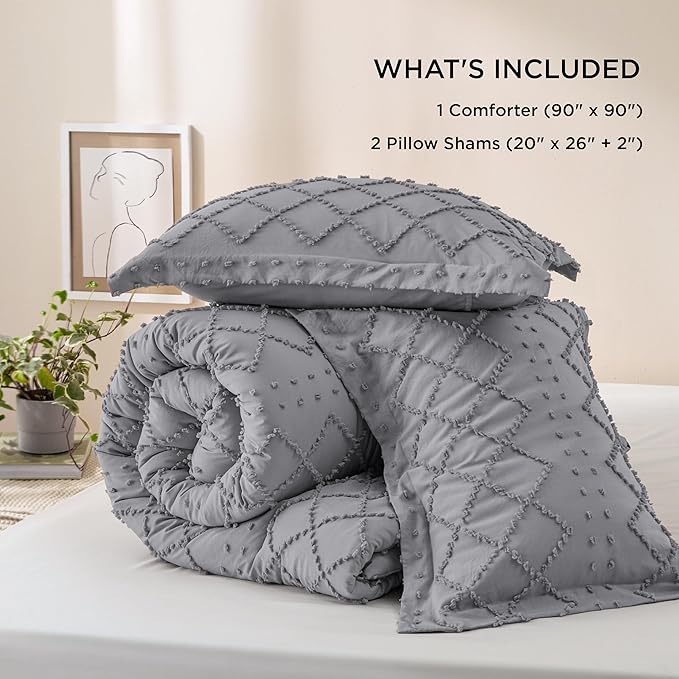 Bedsure Queen Comforter Set - Grey Comforter, Boho Tufted Shabby Chic Bedding for Kids, 3 Pieces Vintage Farmhouse Bed Set for All Seasons, Fluffy Soft Bedding with 2 Pillow Shams