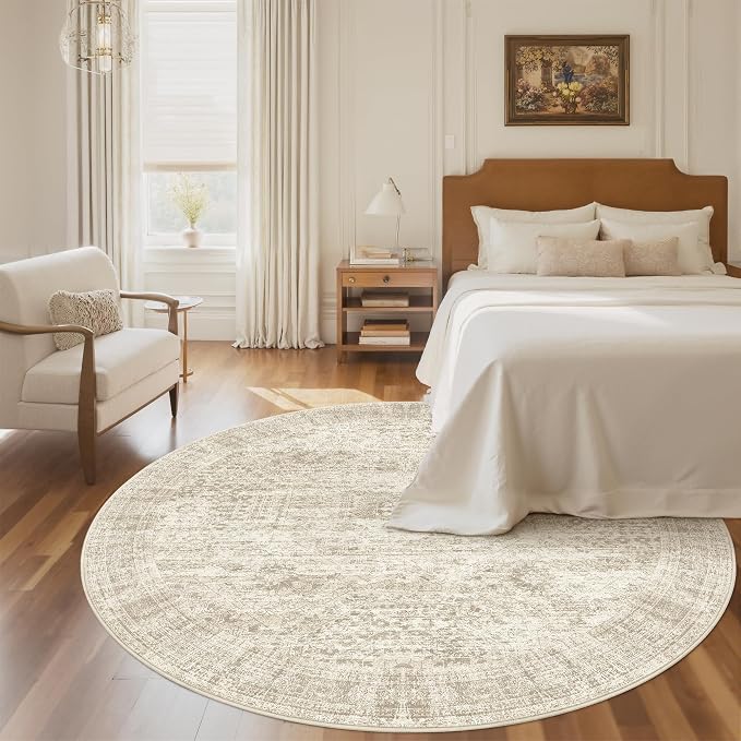 Soalmost 5x5 Beige Round Rug 6ft Circle Living Room Area Rugs Non-Slip | - Image 3
