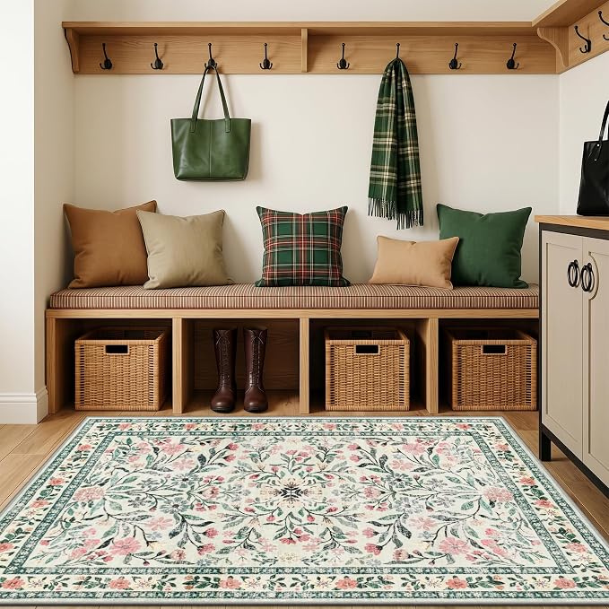 PLHXFR Area Rug Living Room: 3x5 Floral Washable Boho Carpet Green Beige | - Image 5