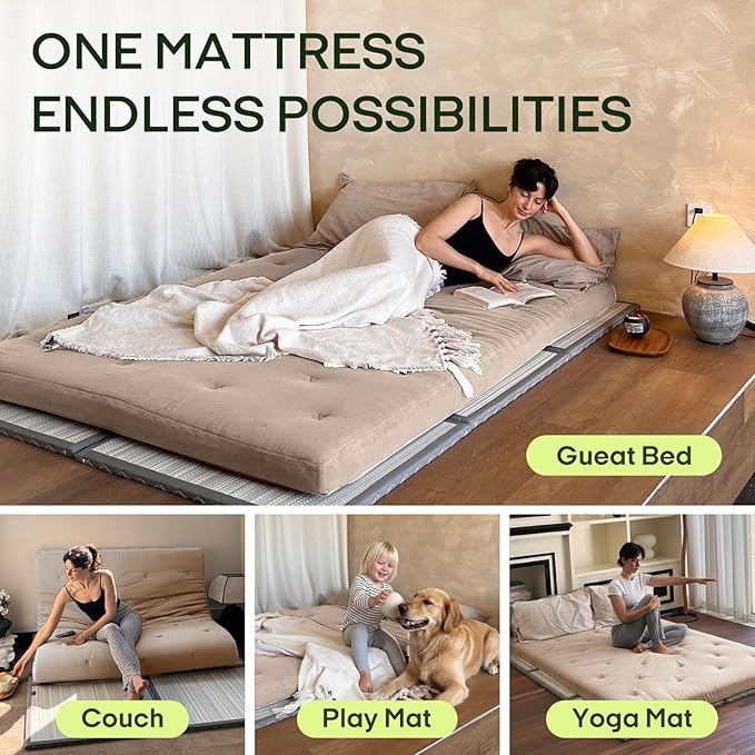 ZonLi Japanese Floor Futon Mattress Full Size 75"x 54", 100% Cotton Cover 2.5'' Thicken Tatami Mattress, Foldable Sleeping Pad, Portable Dormitory Tatami Mat(Khaki)