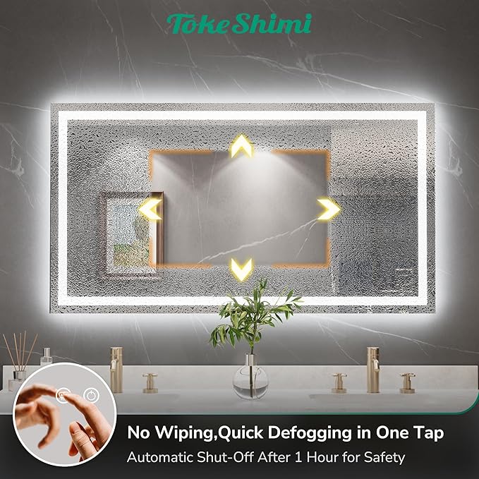 TokeShimi 42x36 LED Mirror for Bathroom,Front Lit + Backlit Light Up Bathroom Mirror,Anti-Fog Lighted Mirrors,Dimmable 3 Colors,Memory Function,Tempered Glass,Waterproof,UL Listed